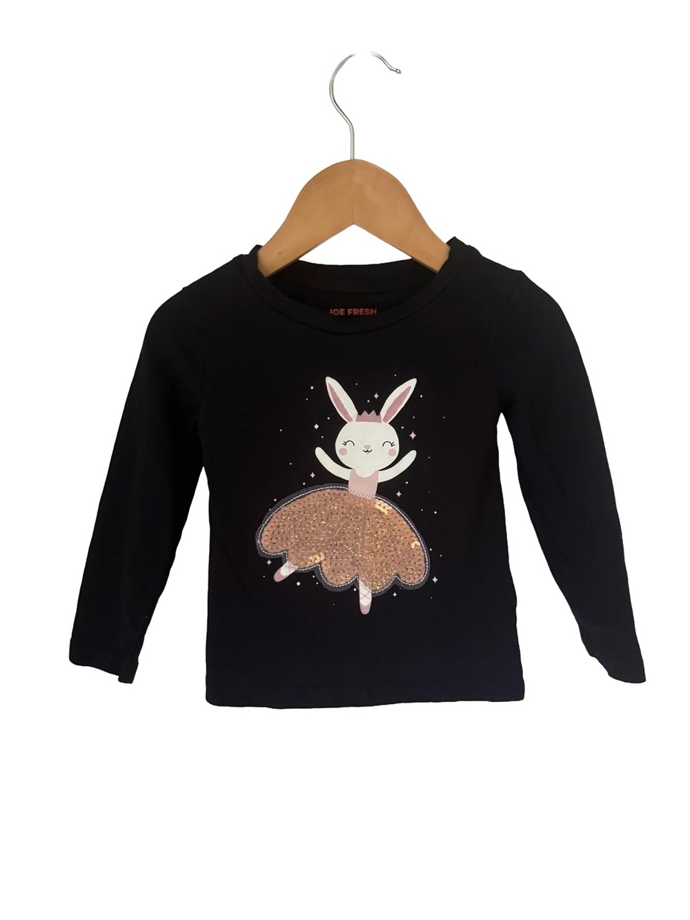 Joe Fresh Black Long-Sleeve Bunny Ballerina Tee with Pink & Gold Accents